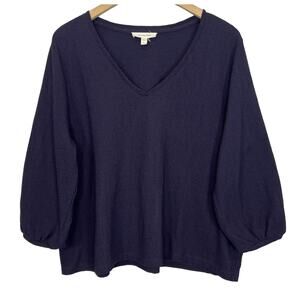 Garnet Hill Pebble-Stitch V-Neck Knit Top in Navy Blue, size XL